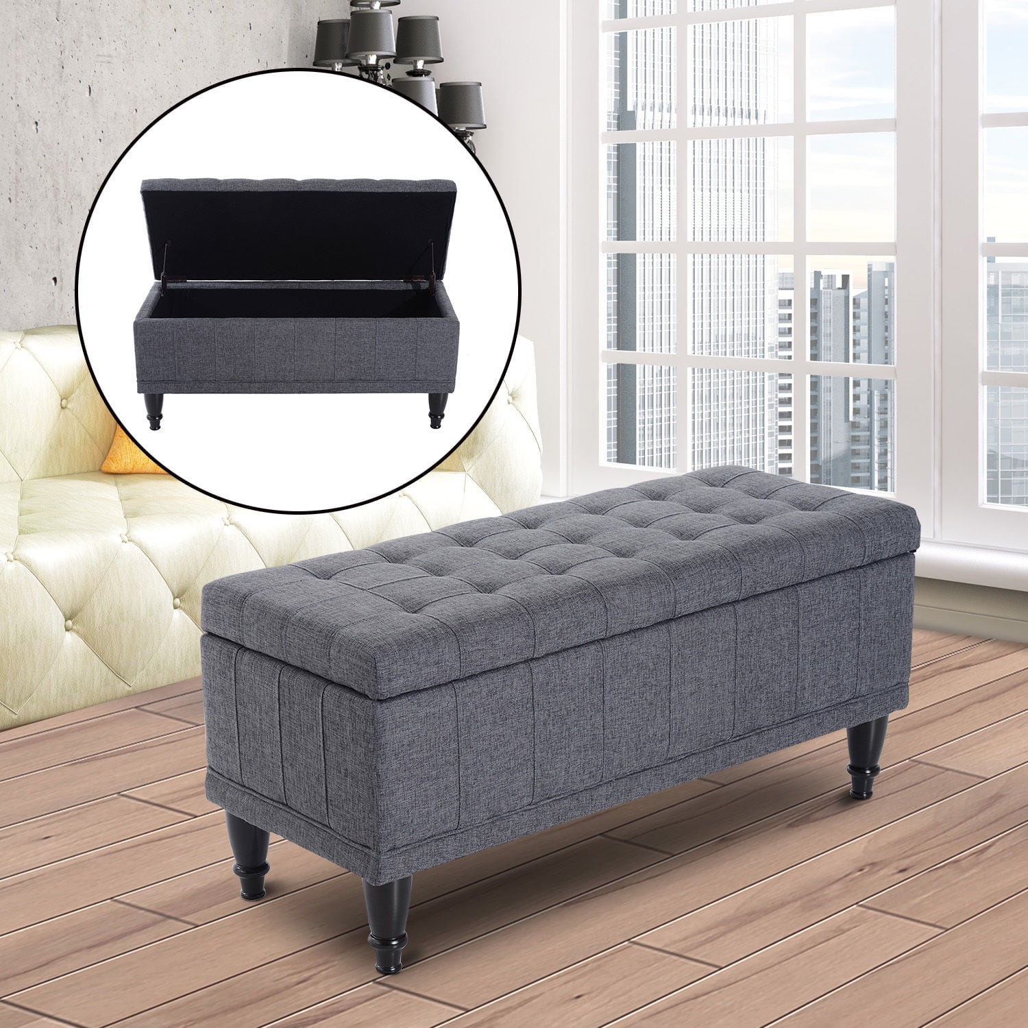 HomCom Large 42 Tufted Linen Fabric Upholstery Storage Bench Ottoman with lift-top Grey Lattice