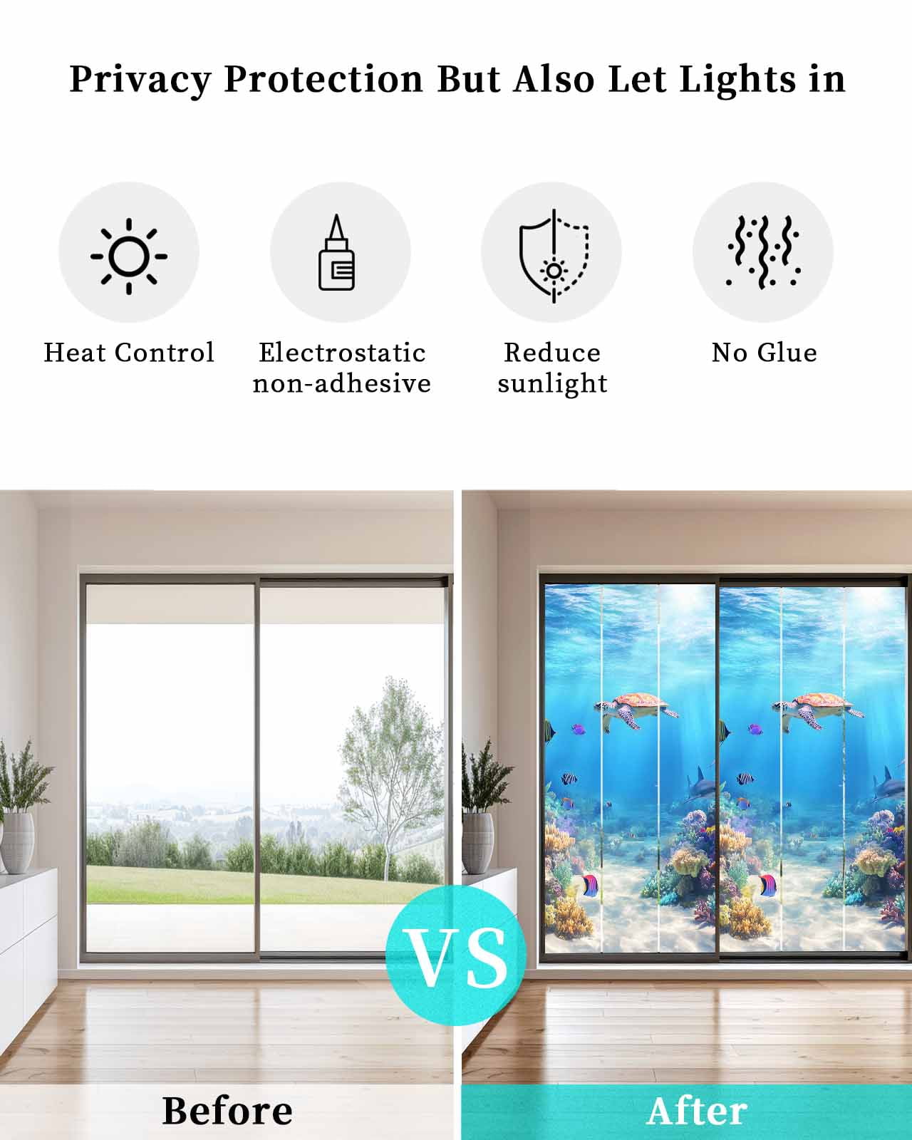 Window Privacy Film Ocean Turtle Stained Glass Window Film Decorative Sun Block Window Cover Blue Beach Summer Dolphin Whale Coral Fish Window Clings Static Adhesive Sticker for Bathroom 23.6"x59"