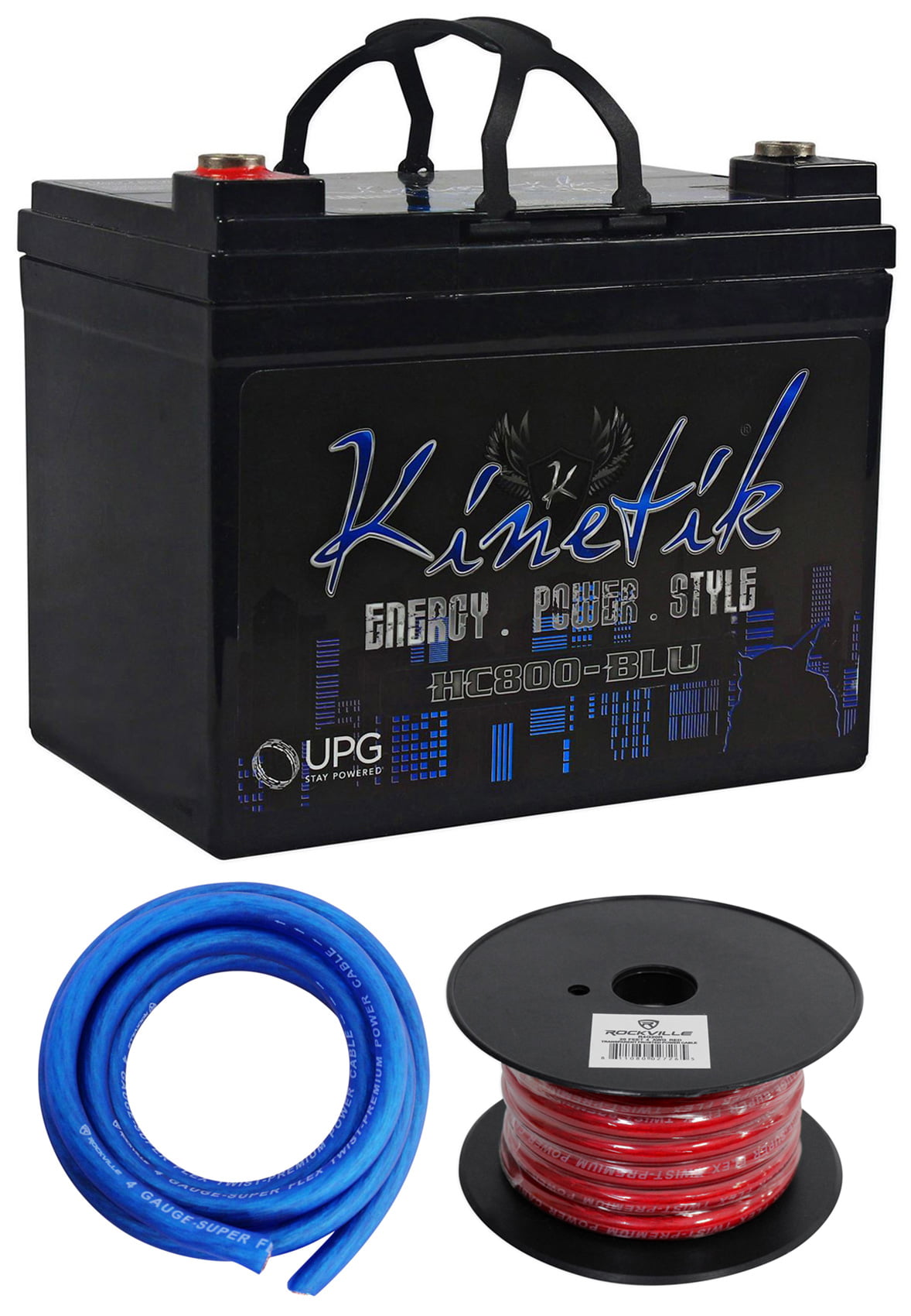 Kinetik HC800-BLU 800 Watt Car Audio Blue Battery/Power Cell+Power/Ground Wires 