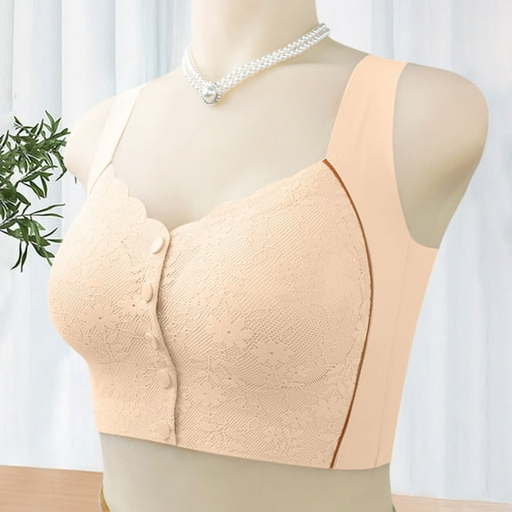 YWDJ Push up Bras for Women Plus Size Padded Front Closure Bras No Underwire Sleep Bras Wide Strap Full Coverage Wrap Comfy Bras Padded Plus Size Lace Comfort Bras Solid Lounge Bras Beige XL