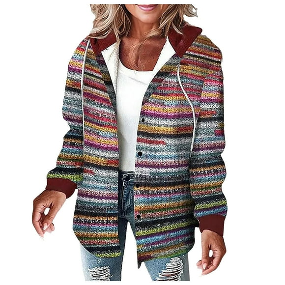 GDREDA Womens Long Sleeve Button Down Plaid Shirts Flannel Hooded Shacket Jacket Hoodie Coats Red,S