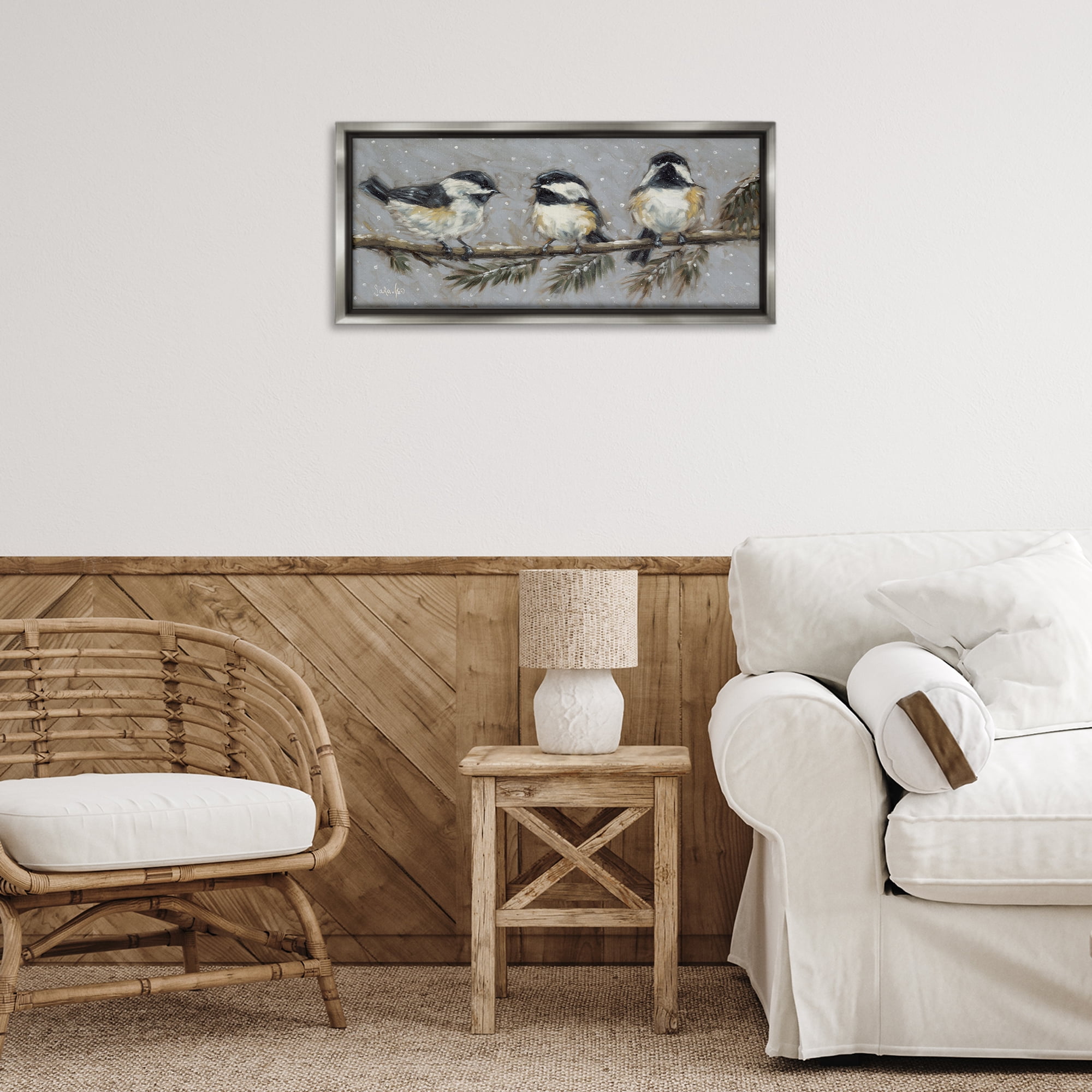 Stupell Industries Winter Bird Trio Animals & Insects Painting Gray Floater Framed Canvas Art Print Wall Art, 25 x 11