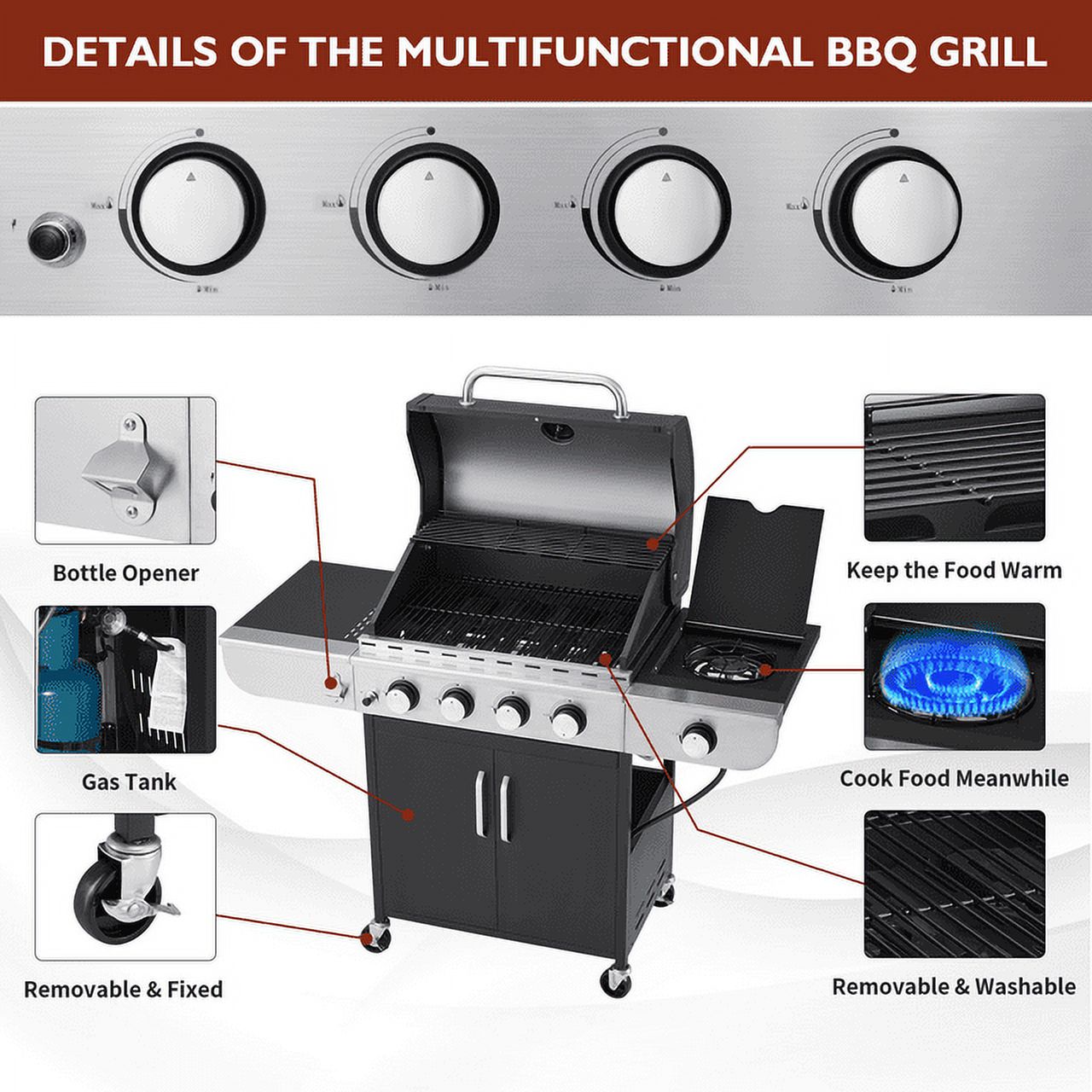 Hommow 4 Burner BBQ Propane Gas Grill,36000 BTU Stainless Steel with Stove and Side Table