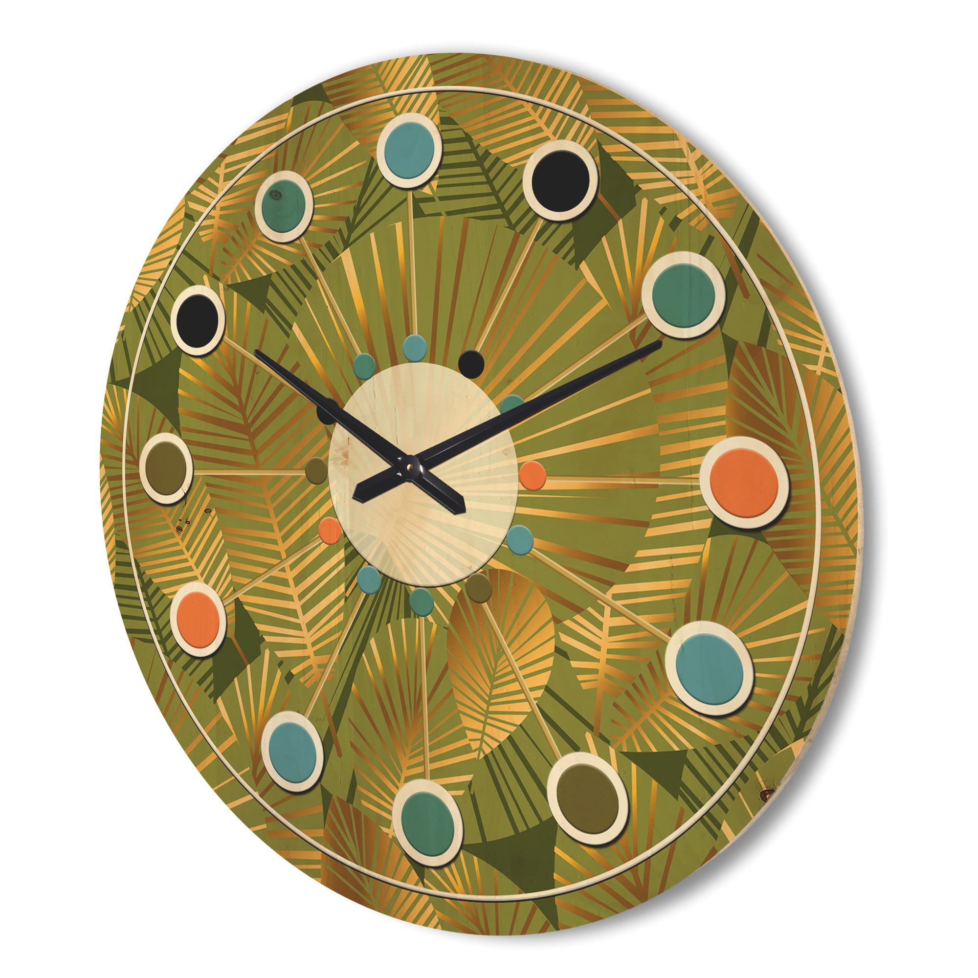 Designart 'Abstract Golden Leaves I' Mid-Century Modern Wood Wall Clock