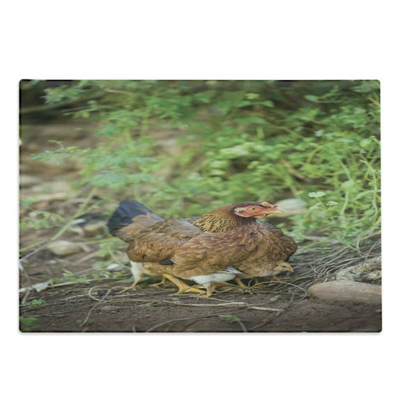 Hen and Chicks Cutting Board, Domestic Animal Mother Chicken on Her Babies with Herbs Blurred Background, Decorative Tempered Glass Cutting and Serving Board, in 3 Sizes, by Ambesonne