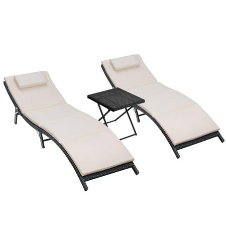 Walnew 3 PCS Patio Furniture Outdoor Lounge Chairs Adjustable Folding Lawn Poolside Patio Chaise Lounge Sets PE Rattan Chaise Lounges with Side Table and Beige (Best Outdoor Lounge Chair)