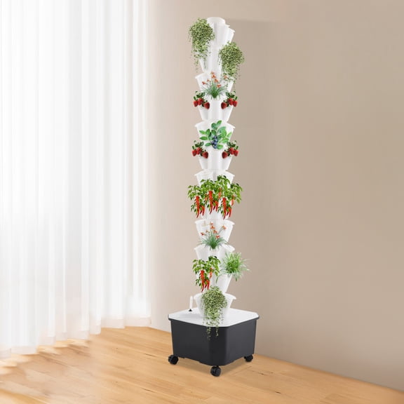Hydroponic Garden Tower 12 Tier 60 Holes Vertical Growing System with Wheels
