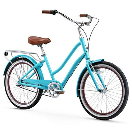 sixthreezero EVRYjourney Women s 3 Speed Step Through Hybrid Cruiser Bicycle 24 Wheels and 14 Frame Teal with Brown Seat and Grips Walmart