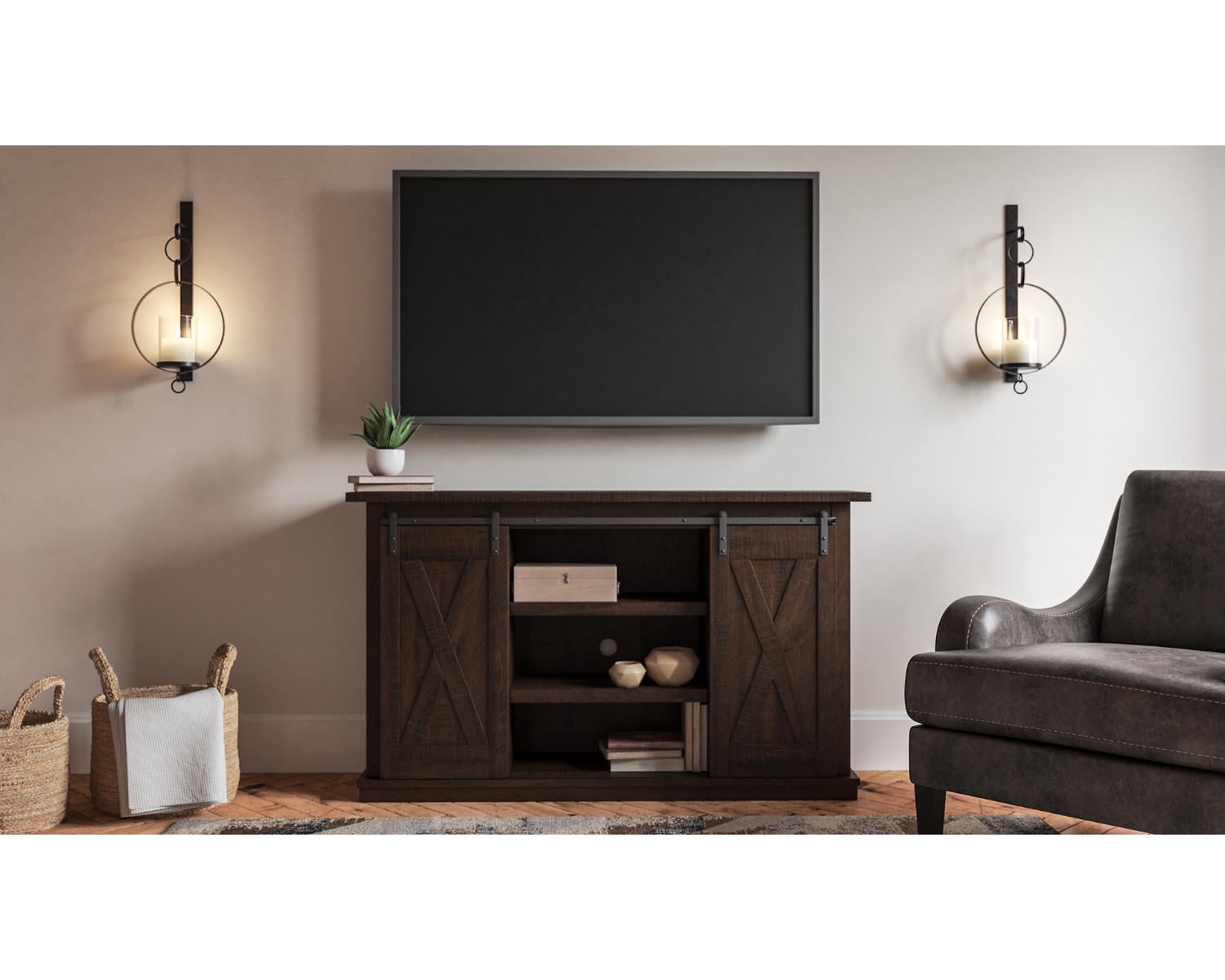 Signature Design by Ashley Camiburg Farmhouse TV Stand Fits TVs up to 50 with Sliding Barn Doors and Storage Shelves