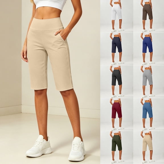 SOFTCCLO Running Shorts for Women High Waist Slim Yoga Shorts Solid 5 Inch with Pockets Womens Shorts Army Green L