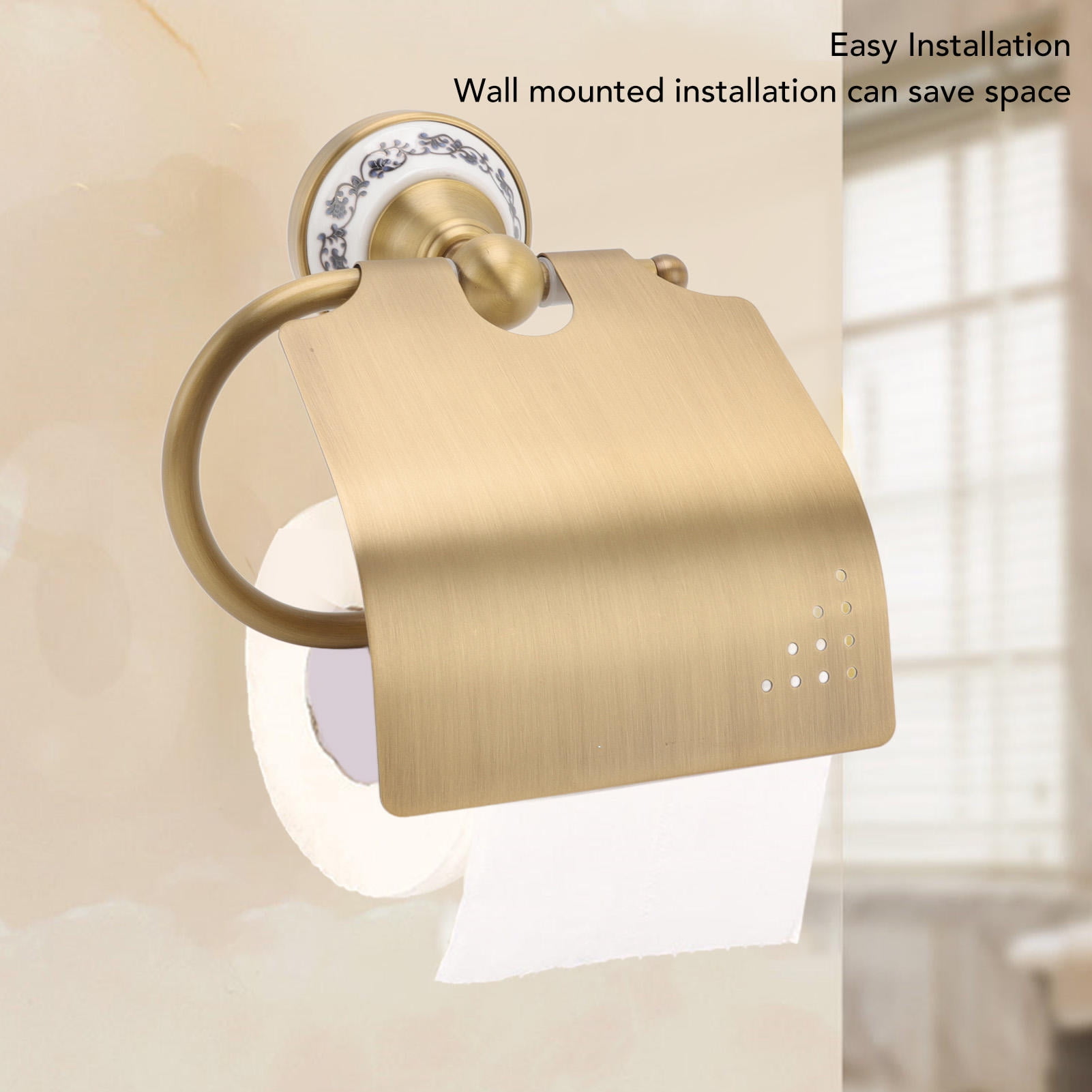 BIMZUC Vintage Blue & White Porcelain Toilet Paper Holder – Brass & Stainless Steel Wall‑Mounted Rack for Bathroom