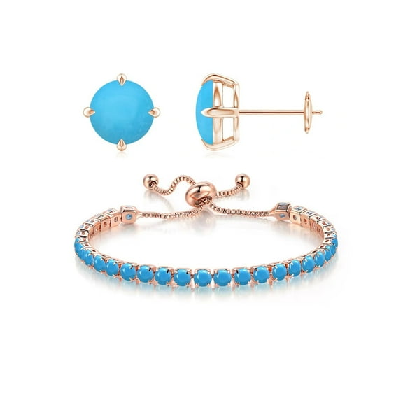 10k Rose Gold 6 Ct Turquoise Round Lab-Grown Earrings Set Plated by Paris Jewelry