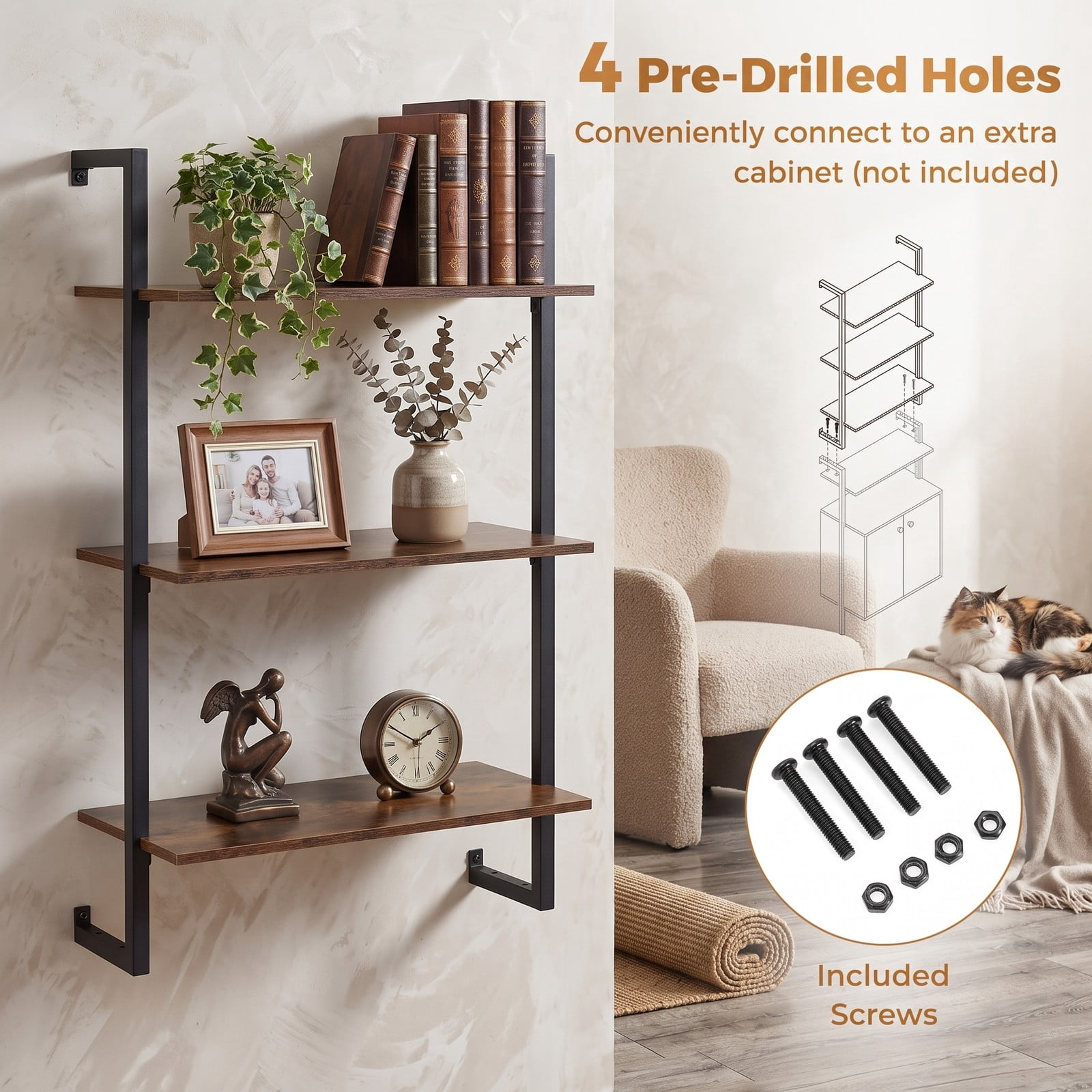Furnibear 3-Tier Floating Wall Shelf, Modern Wood Bookcase Wall-Mounted Storage Rack for Living Room Bedroom Kitchen Home Office Bathroom, Rustic Brown and Black