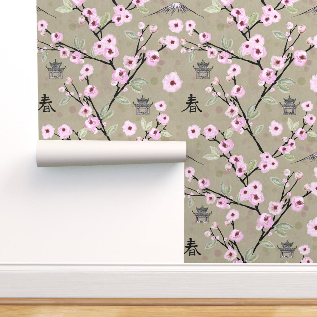 Removable Water-Activated Wallpaper Japan Japanese Cherry Blossoms Pink Beige 