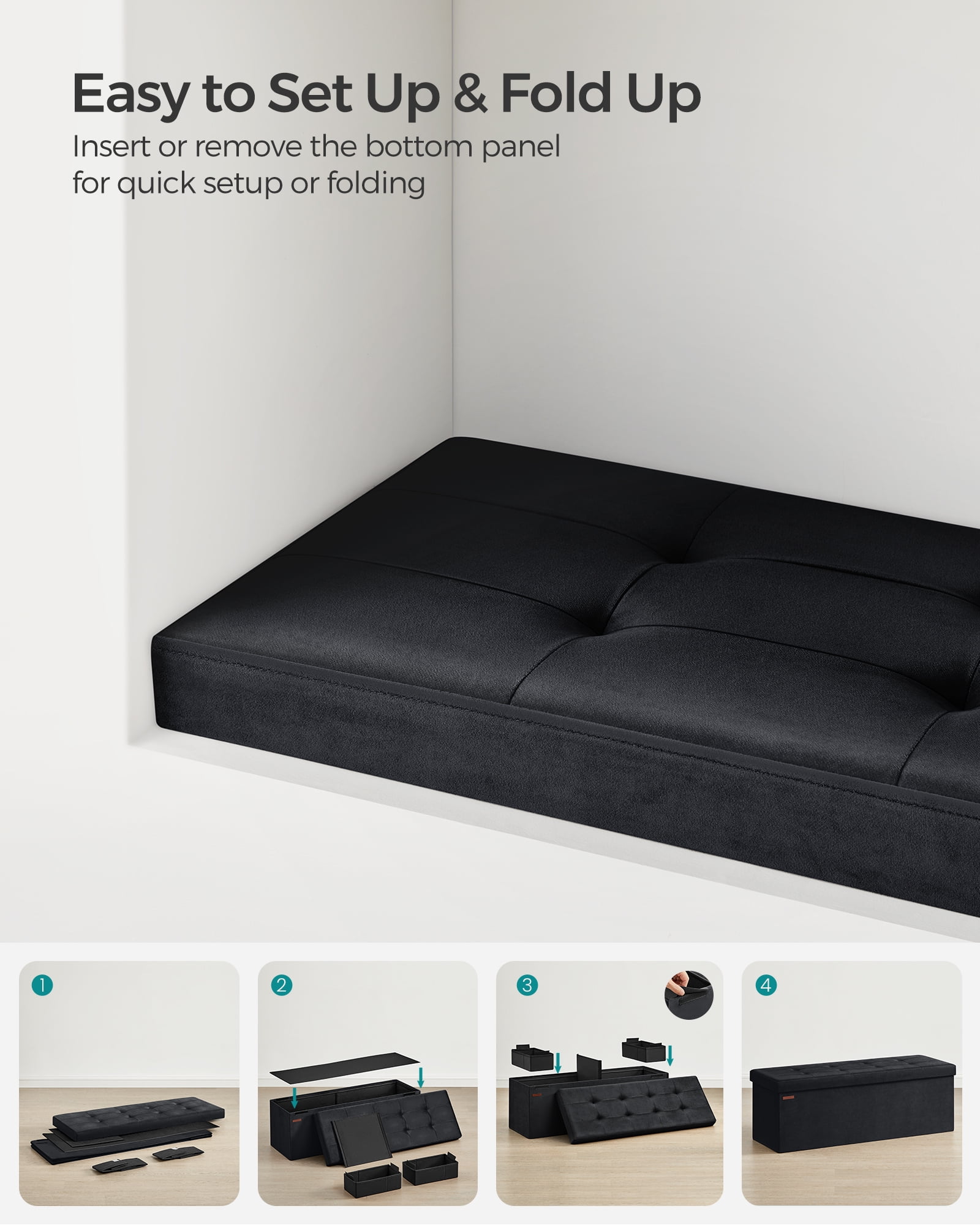 SONGMICS 43" Storage Ottoman Bench Folding Velvet Storage Footrest Stool 2 Extra Storage Boxes Removable Divider Hold up to 660 lb for Entryway Living Room Bedroom Ink Black