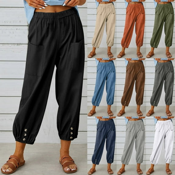 Brnmxoke Women's Capri Pants High Waist Drawstring Cinch Bottom with Button Cotton Linen Loose Casual Trouser Business Work Pants with Front Pockets Army Green,S