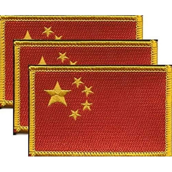 Pack of 3 Country Flag Patches 3.50" x 2.25", Three International Embroidered Iron On or Sew On Flag Patch Emblems (China)
