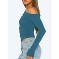 thumbnail image 2 of Women'S Casual Long Sleeve Boat Neck Off Shoulder Slim Fit Crop Top Going Out Blouses Y2K Tight Shirts Denim Blue M, 2 of 5