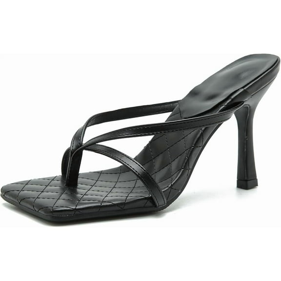 Women's Strappy Thong Heeled Sandals Slip On Stiletto Heels Flip Flops Square Open Toe T Strap High Heel Sandals Slide Summer Dressy Sandals