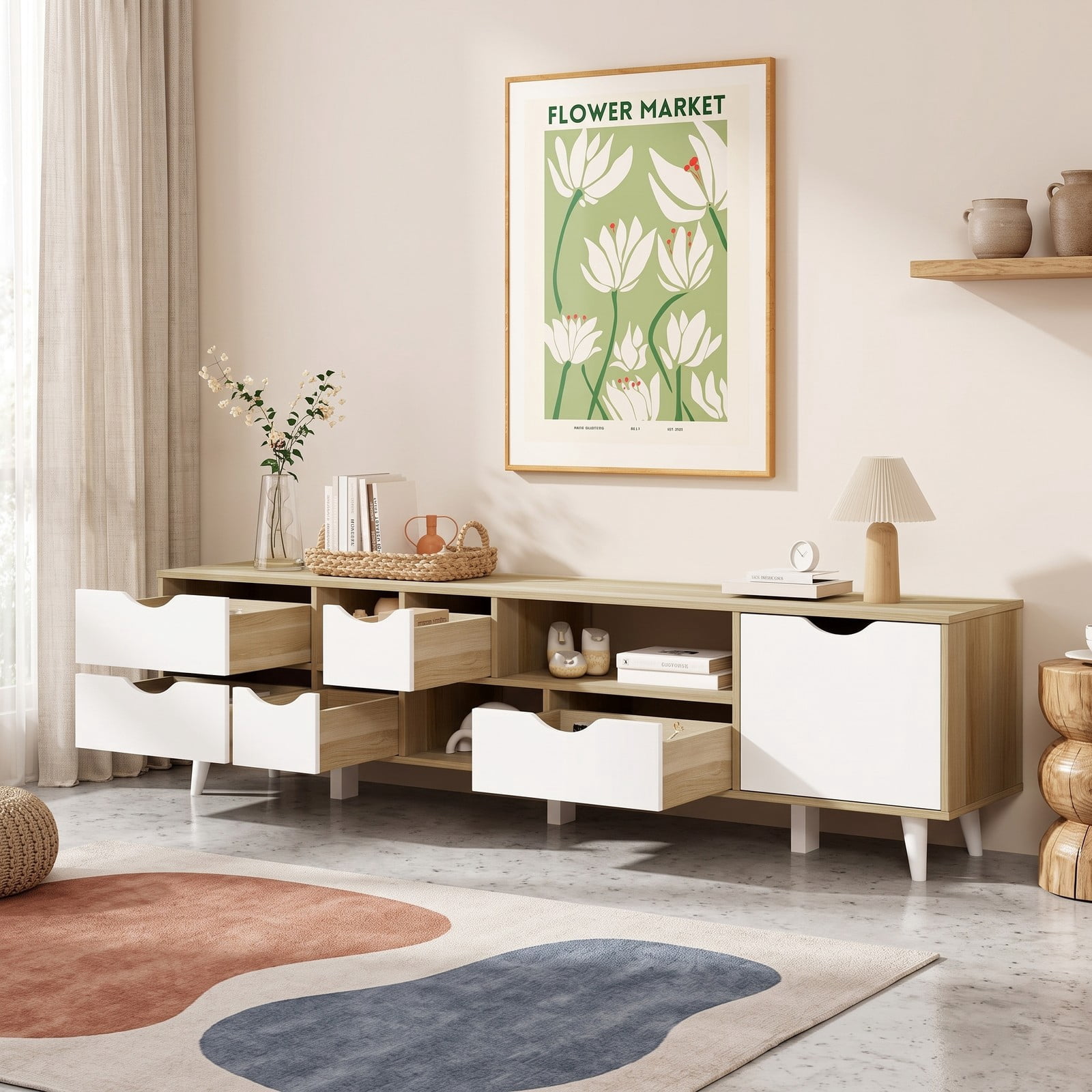 Furnibear TV Stand for TVs up to 65 Inch, Wood Entertainment Center Media Console with 5 Drawers and 3 Open Shelves, Adjustable Storage Cabinet for Living Room, Oak