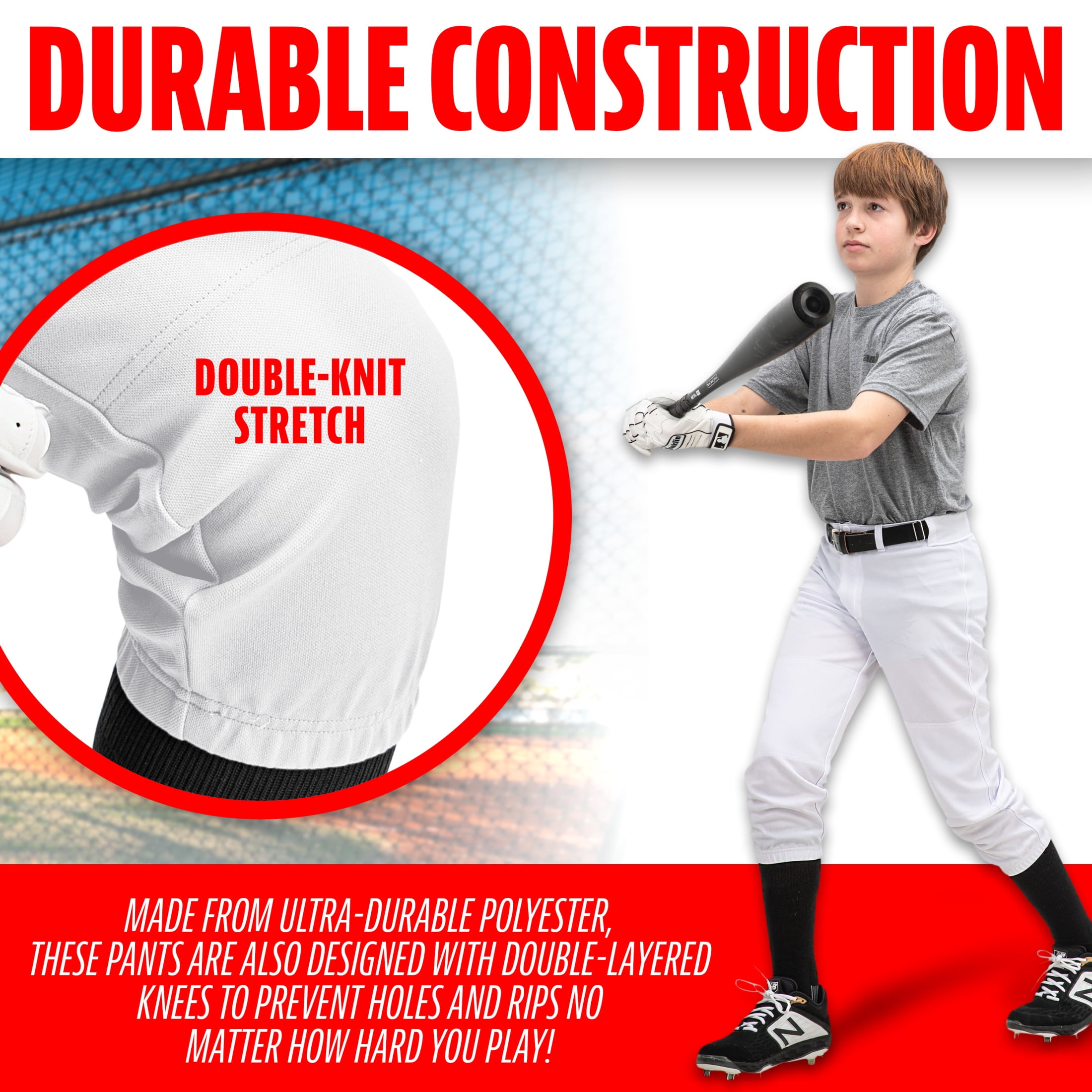 Franklin Sports Youth Knicker Style Baseball + Softball Pants, White, Youth X-Large
