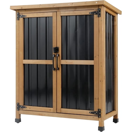 Petsblublu Small Outdoor Storage Cabinet Waterproof, Wood & Metal Garden Storage Shed, with Lockable Doors & Adjustable Shelves,Brown