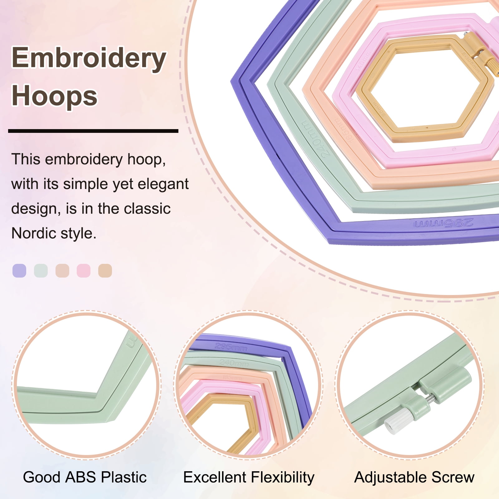 Uxcell 3 Pieces 10.2" x 9.4" Hexagonal Embroidery Hoops, ABS Adjustable Cross Stitch Hoops, Light Green