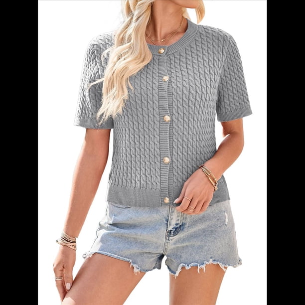 Cárdigan de Corta de Verano para Mujer, Tejido de Cable, Cuello Redondo, Botones y Botones Gris S
