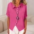 thumbnail image 2 of Pxxlle Button Down Shirts for Women Business Casual Short Sleeve Shirt Solid Color Curved Hem Blouses Dressy Lapel Tops Hot Pink M, 2 of 10
