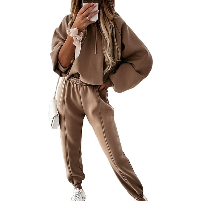 UKAP Ladies Two Piece Outfit Solid Color Sweatsuits Hoodies Jogger Set Casual Jogging Tracksuit Sets Khaki M