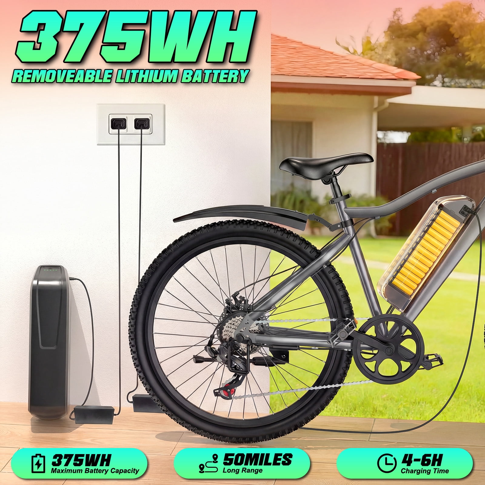 Electric Bike for Adults, 26" Commuter Ebikes with 7-Speed Gears, 25MPH, 720W Peak Motor, Removable Battery, 50 Miles Range, Electric Mountain Bicycle for All Terrain UL2849