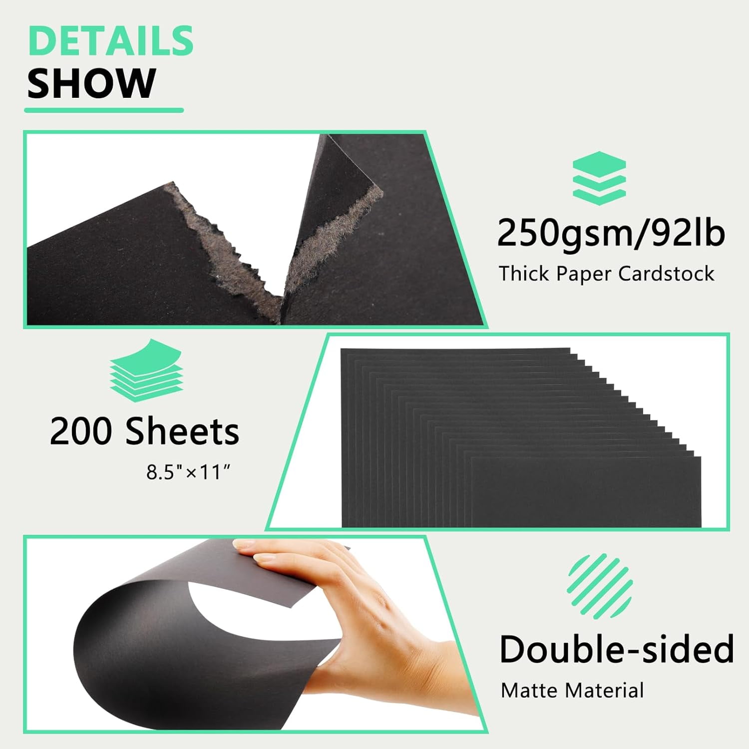 200 Sheets Cardstock,8.5 x 11 Inches Kraft Cardstock,Thick Paper Card Stock 92lb/250gsm,Printer Paper for Invitations Menus Crafts DIY Cards Projects(Black)