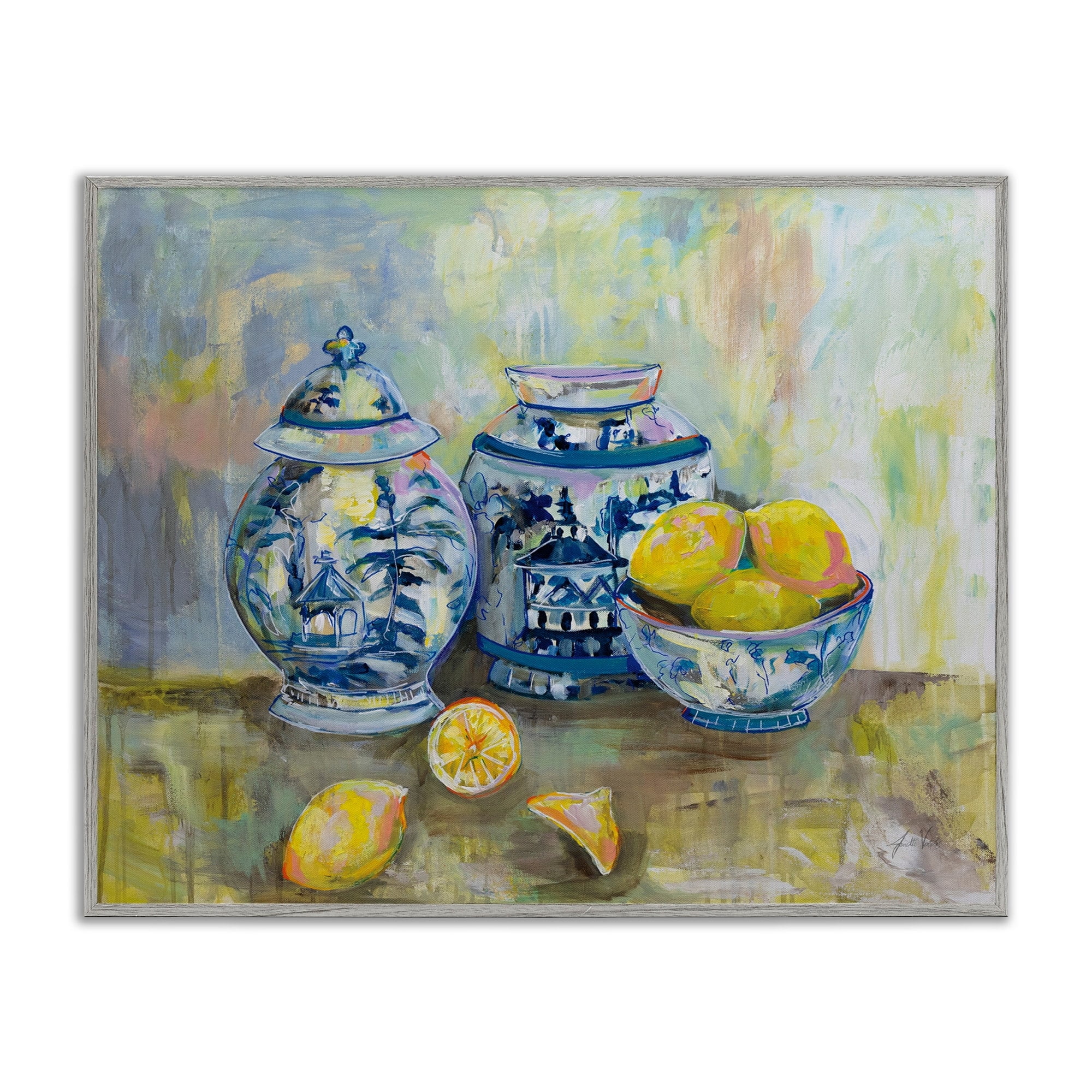 Stupell Industries Lemons and Pottery Yellow Blue Classical Painting Gray Framed Art Print Wall Art, 16x20, by Jeanette Vertentes