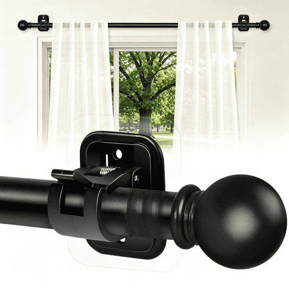 Curtain Rods No Drilling for Windows Set 32 to 48 Inch,5/8 Inch Diameter Drapey Pole with No Drill Curtain Rod Brackets,Renter Friendly Cortineros Para Ventanas with Adhesive Holder Hook (Black)