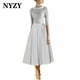 thumbnail image 4 of NYZY M345 elegante satén escote tazón hasta el té vestidos de noche color champán 2025 vestidos de fiesta de boda de cumpleaños, 4 of 5