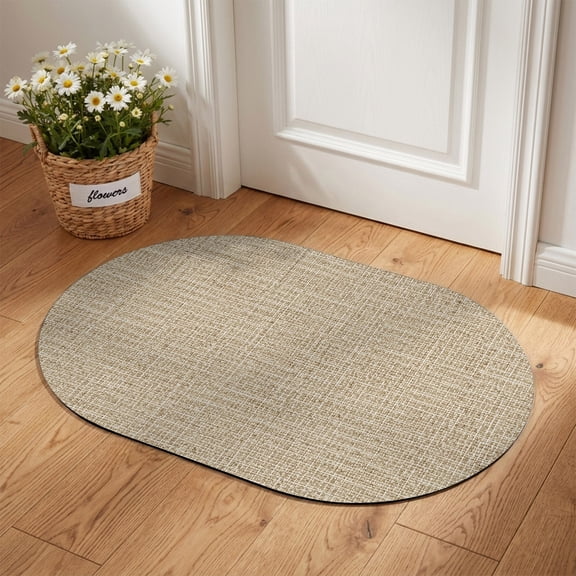 Solid Color Beige Diatomaceous Earth Bath Mat, Rustic Minimalist Woven Fabric Linen Texture Oval Non-Slip Quick Dry Door Mat Super Absorbent Bath Rug for Bathroom Kitchen Laundry 18x30in