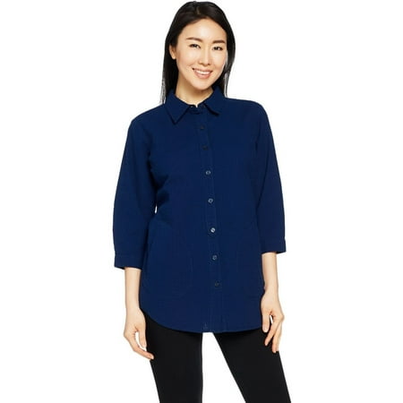 - Joan Rivers 3/4 Slv Solid Seersucker Boyfriend Shirt A287621