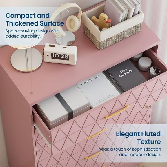 GAOMON Dressers, 5-Drawer, 46.5"H, Pink, Tall Modern Wood Chest of Drawers, Gold Handles, Storage Organizer for Bedroom, Entryway, Living Room
