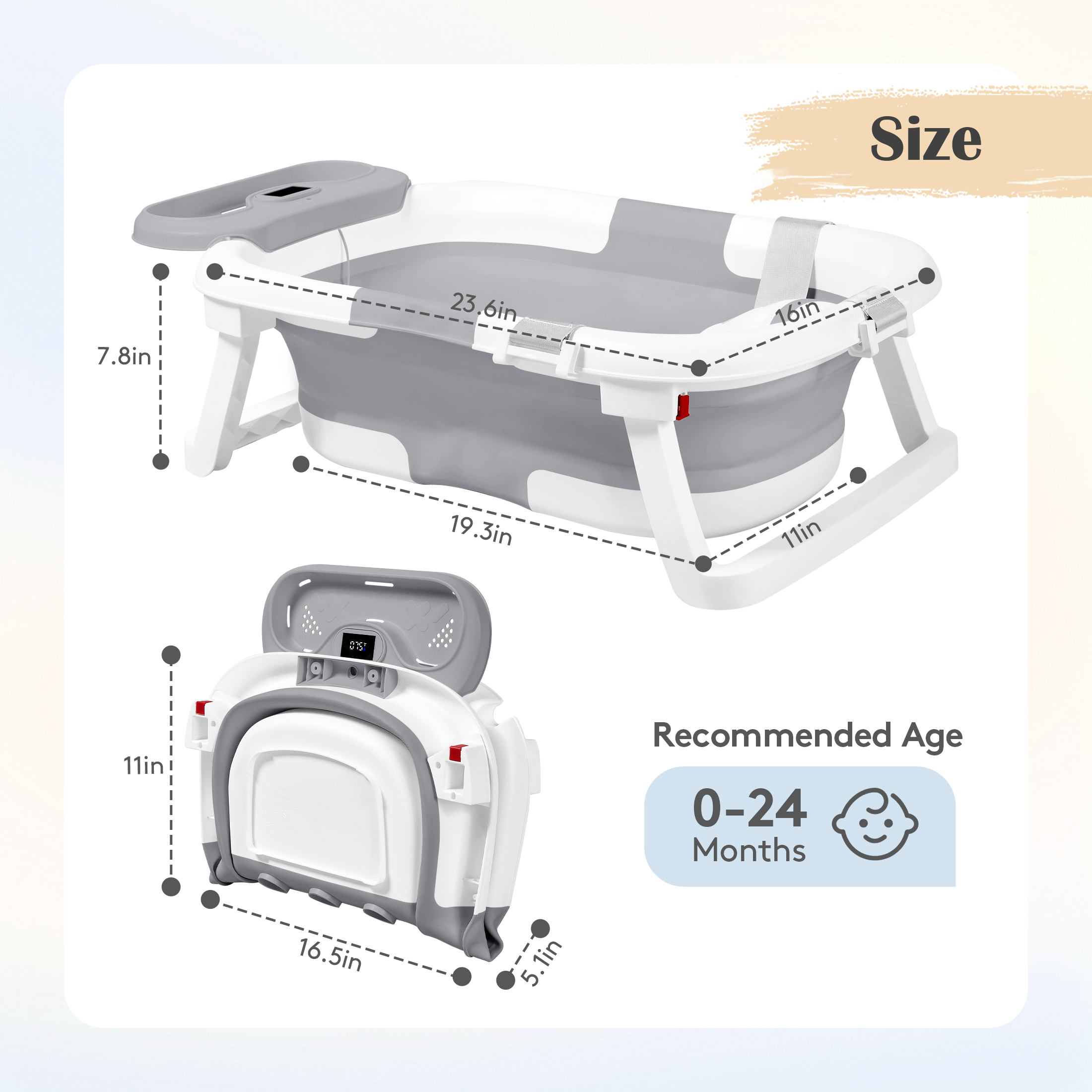 Babyomi Collapsible Baby Bathtub, infant tub for newborn with Temperature Sensor and Storage Tray, Portable Bath Tub forTravel, Gray