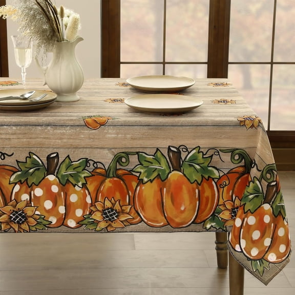 Fall Rectangle Tablecloth 60 x 84 Inch - Thanksgiving Autumn Harvest Brown Wood Grain Pot Pumpkin Table Cloth, Washable Stain Resistant Table Cover for Holiday Party Dinner Decor