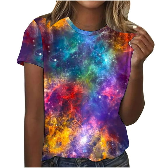 Penkiiy Galaxy Printed Shirt , Women's Cosmic Star Sky Print Funny Casual Fashion Short Sleeve Tops Blouse M Multicolor