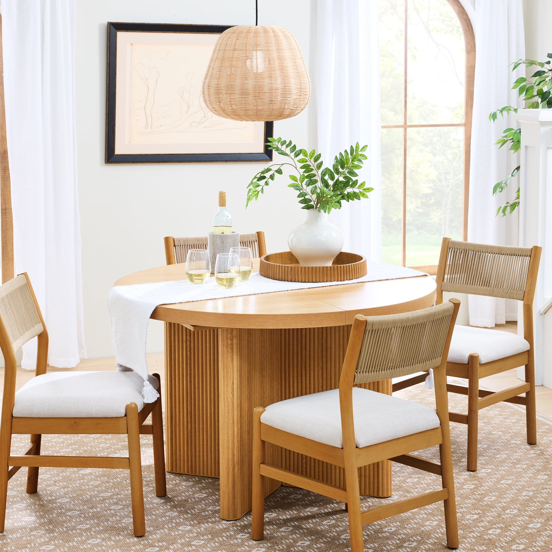 Better Homes & Gardens Lillian Fluted Round Expandable Dining Table, Light Honey Finish