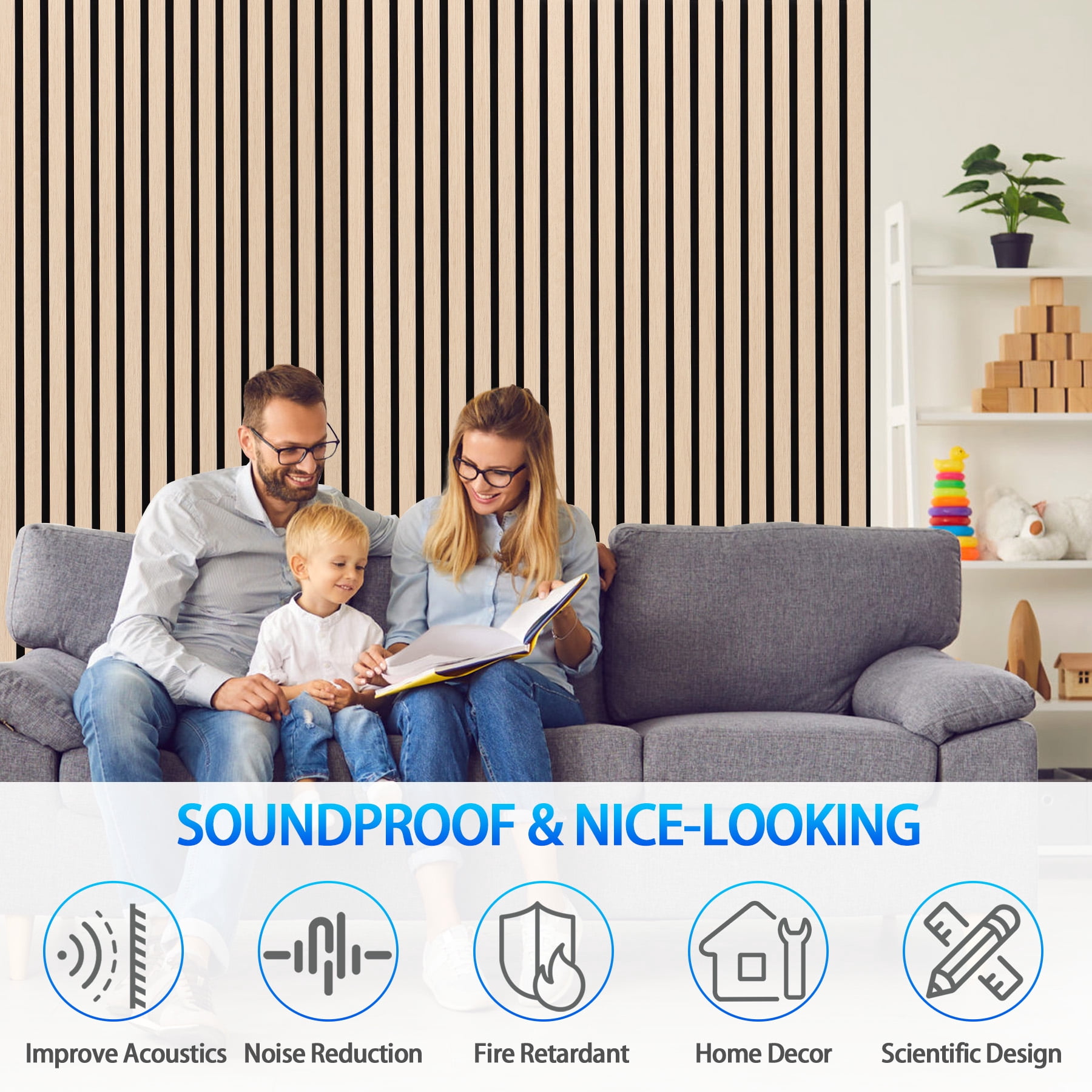3D Slat Acoustic Wall Panels with Wood Finish Accent, 4 Pack Sound Absorbing Paneling for Studio, Office, Living Room, Bedroom Interior Decor (Natural Walnut, 48''L x 24''W)
