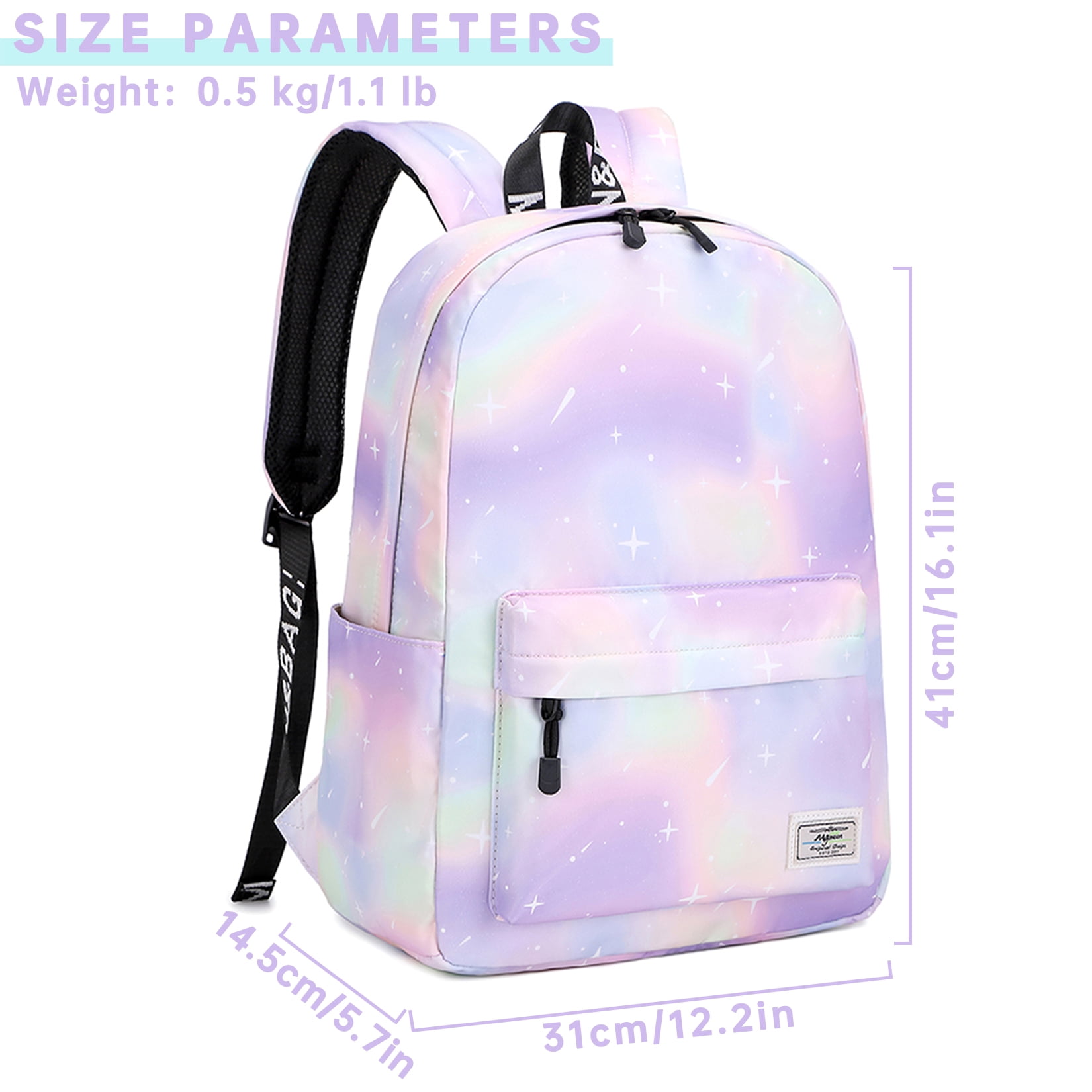 Mygreen Tie Dye Girls Backpack, Kid Backpacks for Girls Cute Lightweight Bookbag with Lunch Bag Galaxy Green Purple
