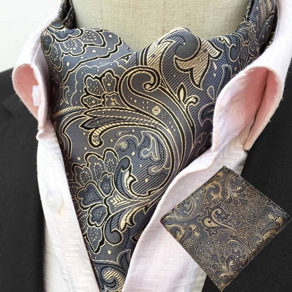 Men Floral Paisley Cravat Ascot Necktie Matching Hanky Pocket Square Set