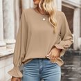 thumbnail image 3 of Jersey de cuello redondo para mujer, Color sólido, fibra de poliéster, puño fruncido, manga larga, Tops elegantes para otoño, color caqui XXL, 3 of 6
