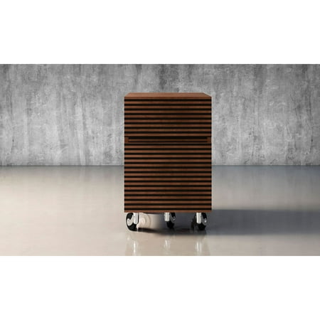 UPC: 0894744002952 | 2 Drawer Mid – Century Modern Rolling File Pedestal with a cognac finish over Brazilian cherry veneers