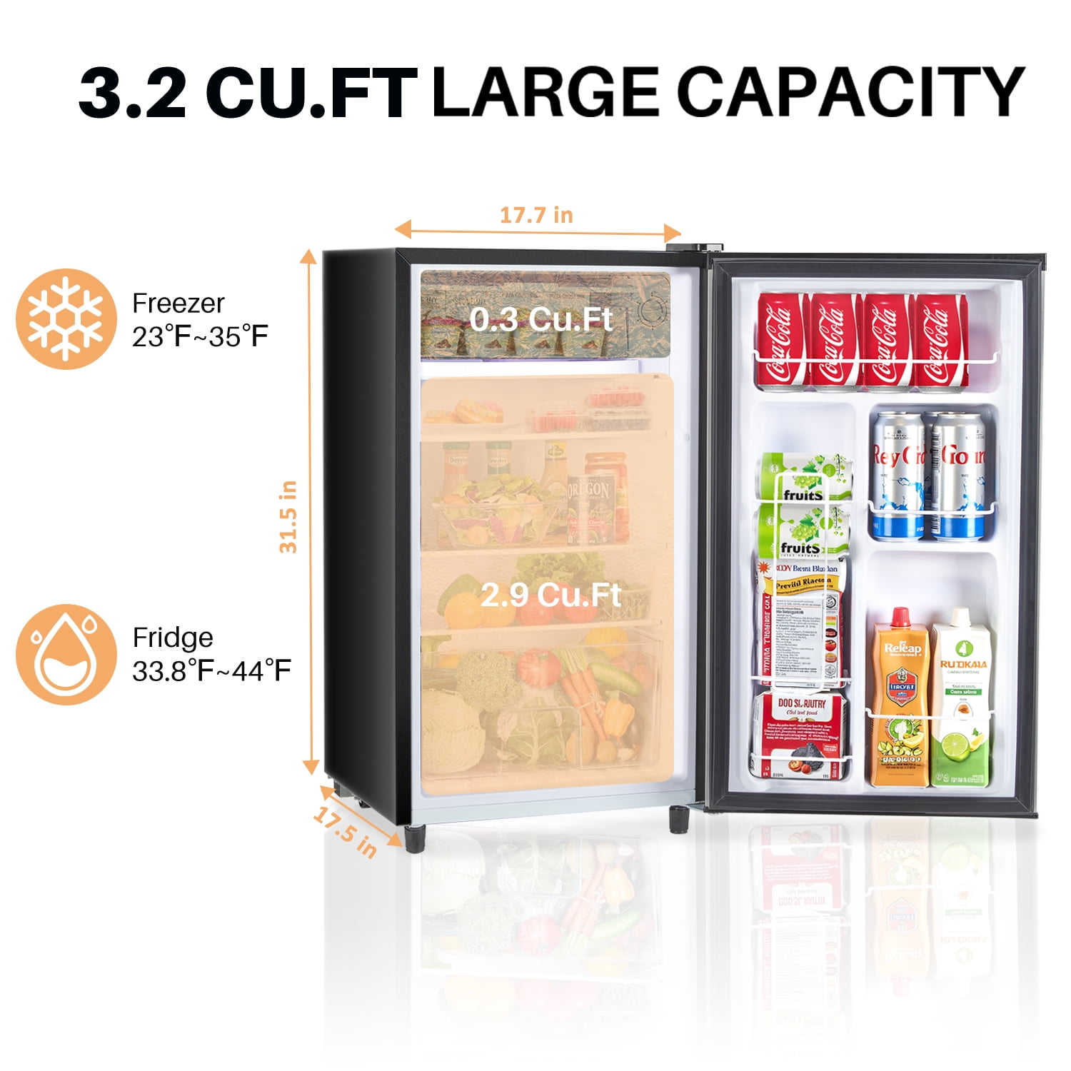 Mini Fridge with Freezer 3.2 Cu.Ft Compact Dorm Refrigerator for Kitchen, Office, Bedroom, Removable Glass Shelves Adjustable Thermostat Low Noise, 17.5" D x 17.7" W x 31.5" H, Black
