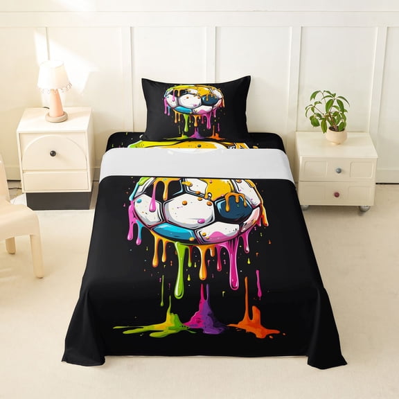 Erosebridal Watercolor Ice Cream Football Kids Twin Sheet Sets,Soccer Sport Games Ball Lover Bedding 3-Piece