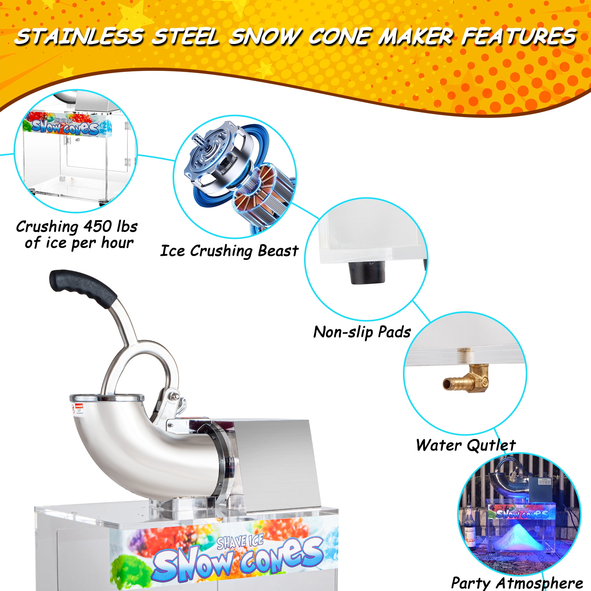 110V Commercial Ice Crusher 500LBS/H, 300W Electric Snow Cone Machine, 1450RPM Stainless Steel Shaved Ice Maker with 48L Ice Storage Capacity for Home, Restaurants, and Bars